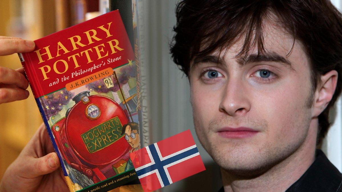 Harry Potter bok. Norsk flagga. Daniel Radcliffe.